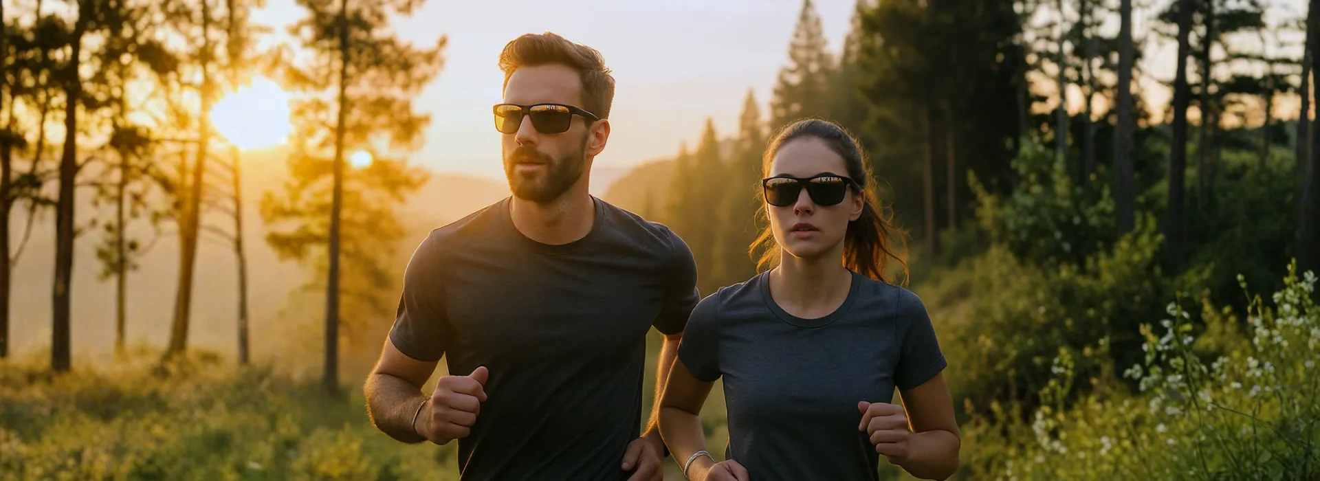 Vīrietis un sieviete sporta saulesbrillēs skrien mežā saulrieta laikā